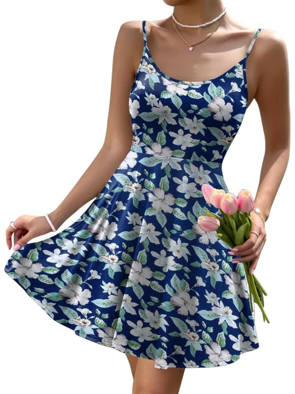 Women's Navy Blue Floral Summer Dress Spaghetti Strap Floral Mini Casual Dress